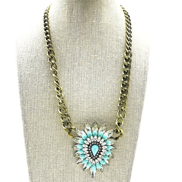 LOFT Statement Necklace Chunky Gold Tone Curb Chain Blue Clear Rhinestone SW - Picture 1 of 7